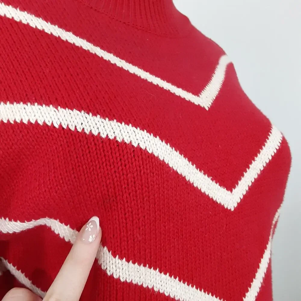 Vintage 80s Mock Neck Sweater Red White Chevron Pullover Nautical Stripe Preppy